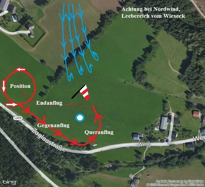 Bild 17: Bei einer Nordkomponente am Landeplatz, meide die ursprüngliche Position und verlagere sie in Richtung Werfenweng. Der Gegenanflug und der Queranflug sollten andersherum geflogen werden