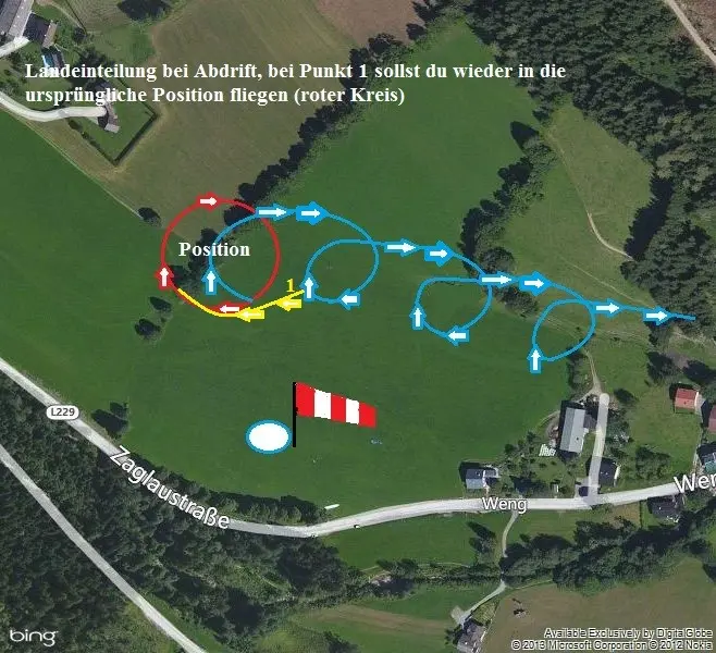 Bild 7: Lass dich nicht vom Wind Richtung Bischling abtreiben und fliege rechtzeitig den Vorhaltewinkel (gelbe Linie)