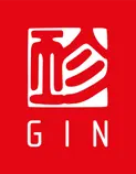 Rotes Logo mit weißem Schriftzeichen und dem Schriftzug GIN darunter auf rotem Hintergrund
