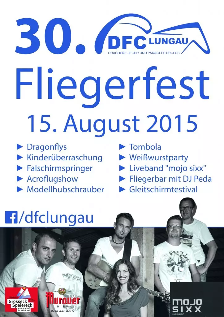 Plakat für das 30. Fliegerfest des DFC Lungau am 15. August 2015 mit Programm und Foto einer Band, darunter Liveband mojo