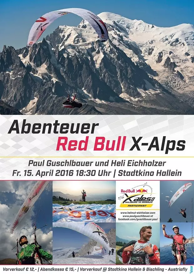 Paragleiter vor schneebedeckten Alpenbergen beim Red Bull X-Alps Abenteuer mit Veranstaltungsdetails und Teilnehmerbildern.