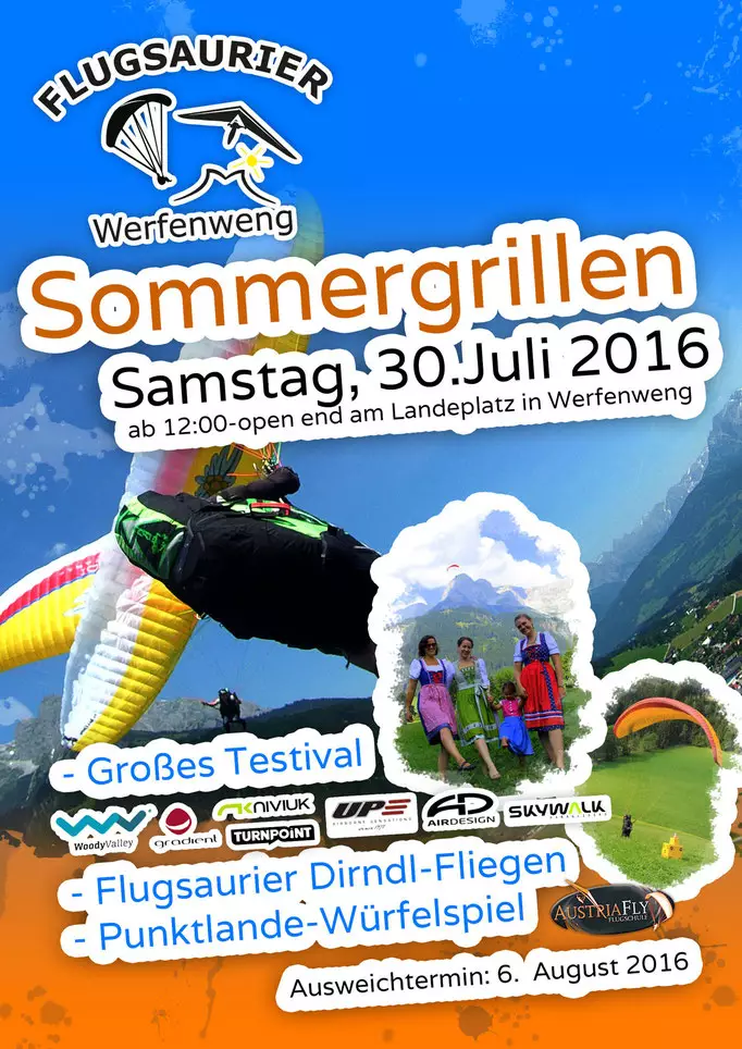Werfenweng Sommergrillen 2016 mit Paragleiter, Personen in Dirndl und Gleitschirmflieger auf grünem Bergwiesenfeld