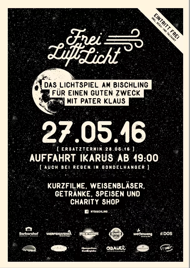 Plakat für Lichtspiel am Bischling mit Pater Klaus am 27.05.16 ab 19 Uhr, inklusive Kurzfilme, Getränke, Speisen und Charity