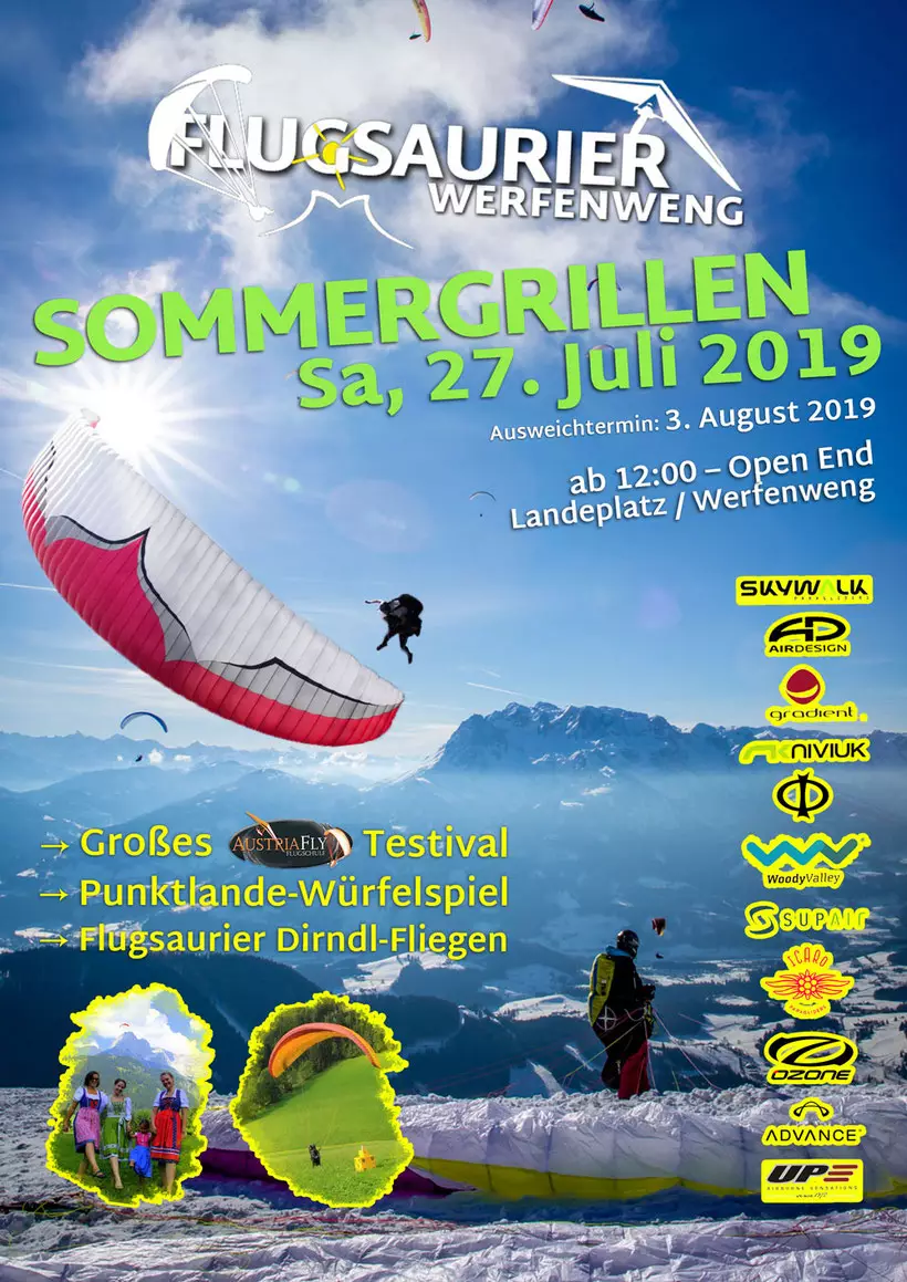 Paragleiter über Berglandschaft bei Sonnenschein, Werbung für Sommergrillen und Flugsaurier Werfenweng Event 2019