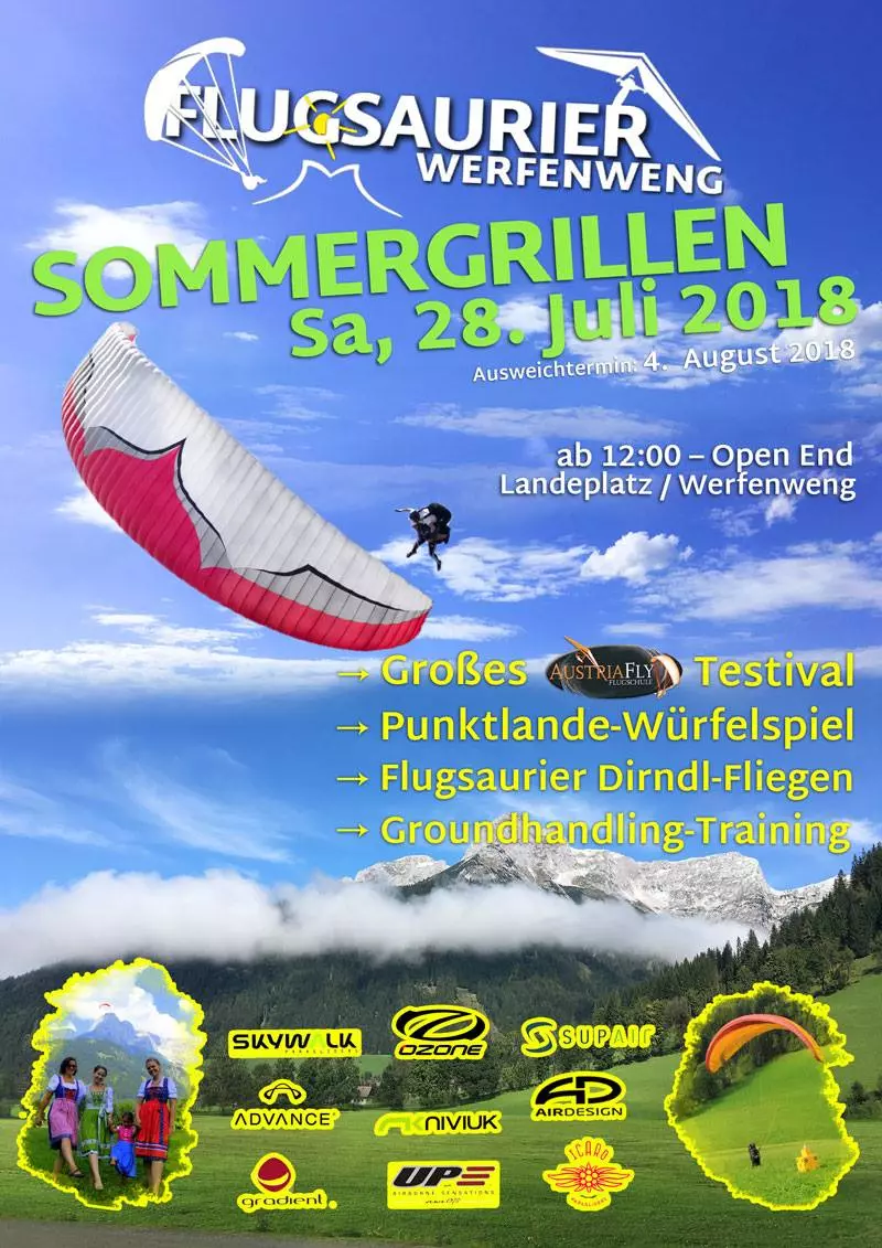 Plakat für Sommergrillen 2018 in Werfenweng mit Gleitschirmflieger vor Bergkulisse und Veranstaltungsdetails