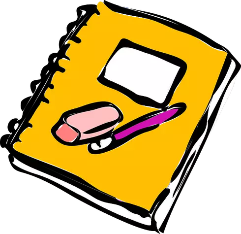 Gelbes Notizbuch mit rosa Radiergummi und lila Stift auf schwarzem Hintergrund